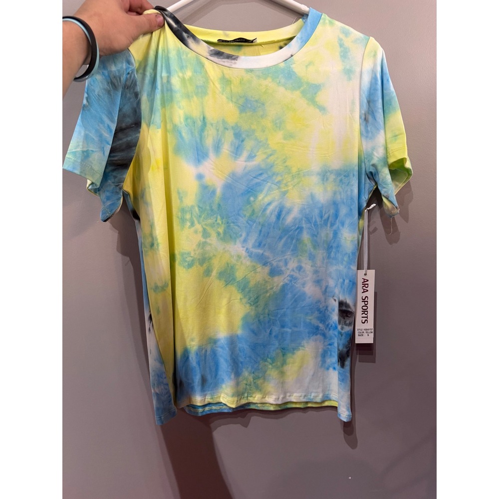Ara Sports Tie Dye T-Shirt Yellow Blue Crew Neck Short Sleeve Top KSE4017DT S